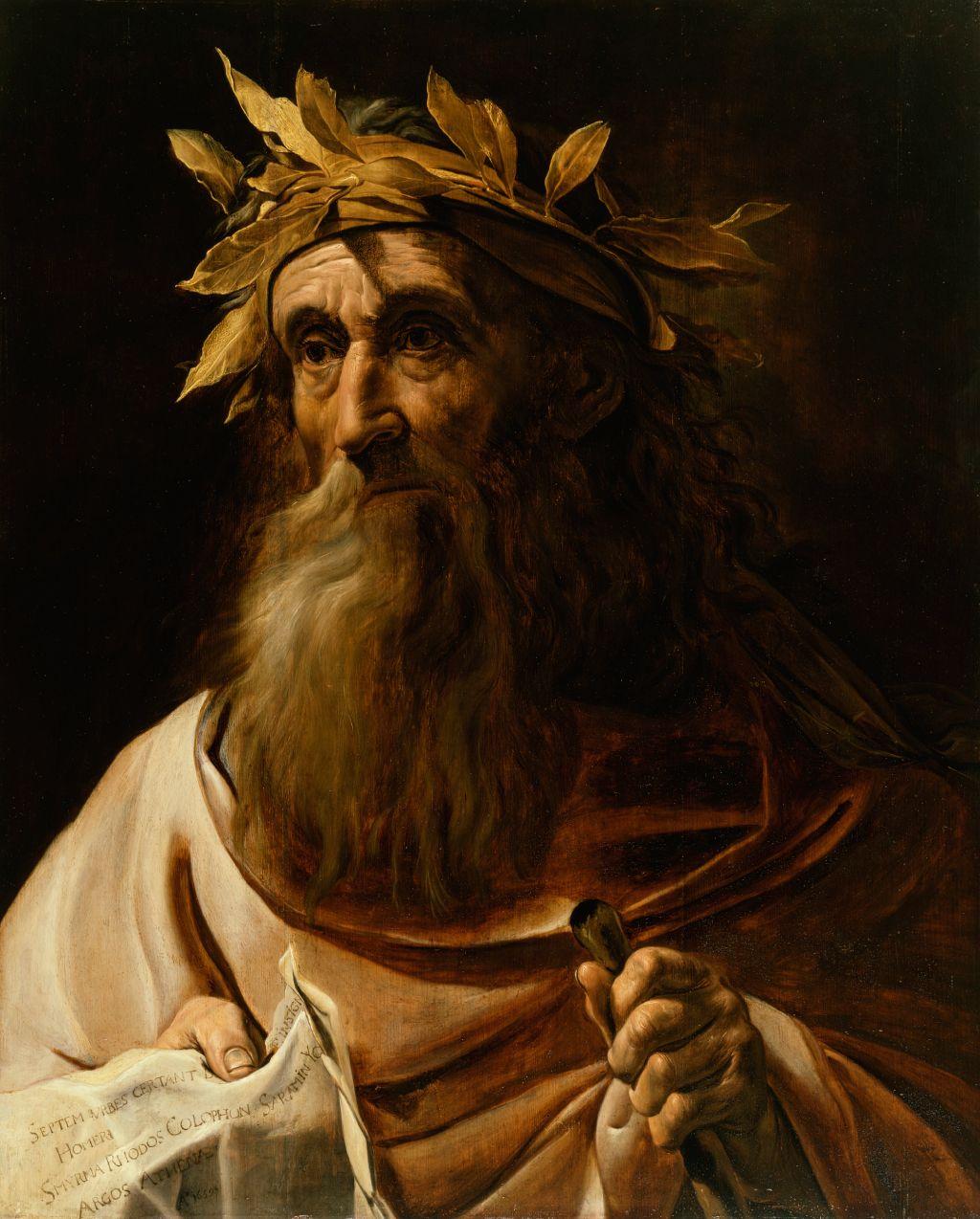 Anciano con abundante barba marrón, corona de laurel, toga, un bastón en una mano y un papel en la otra. 