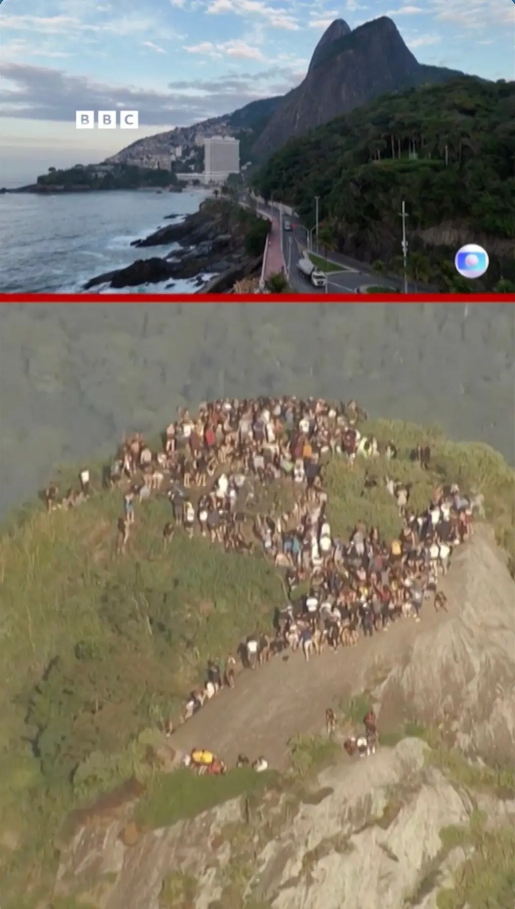  මුහුද අසල කන්දක් පෙනෙන අතර ඊට පහල ෆොටෝ එකේ කඳු මුදුනේ සිටින මිනිසුන් පෙනේ.