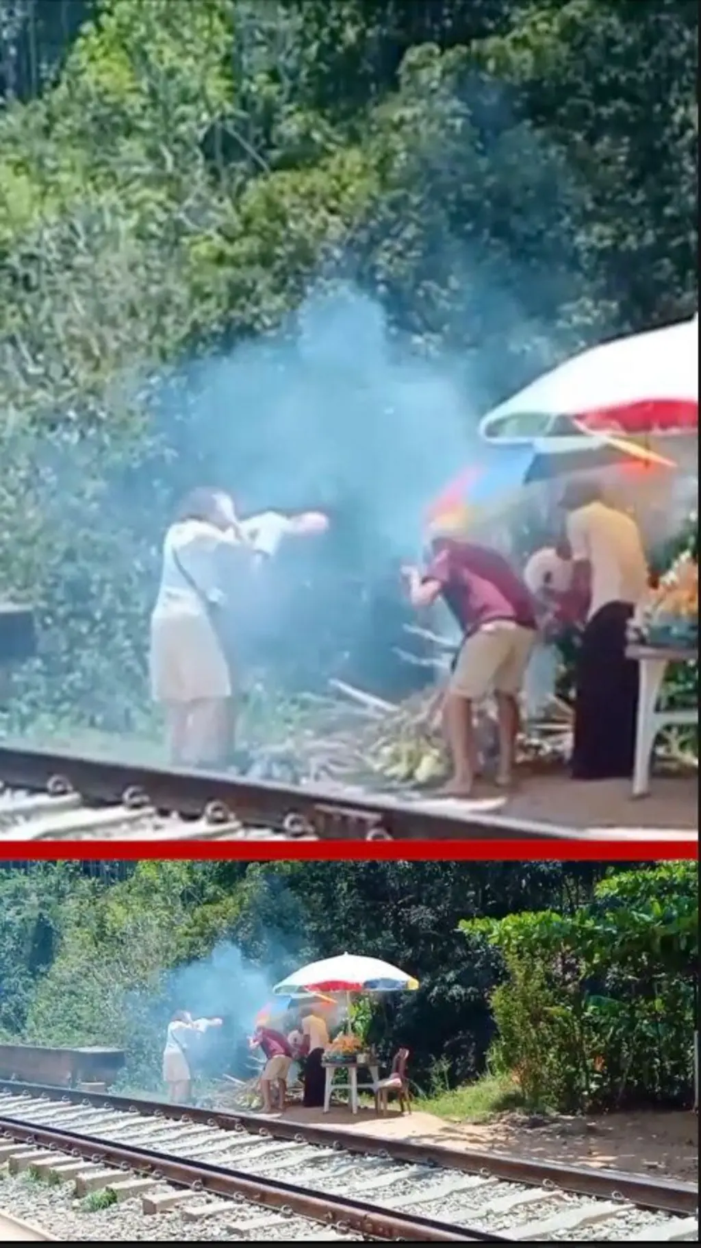 කුඩයක් යට තැඹිලි අලෙවි කරන ස්ථානයක් අසල සංචාරකයින් පිරිසක් කලබලයට පත්ව සිටින අයුරු සහ දුමක් ඉහලට නැගෙන අයුරු පෙනේ.