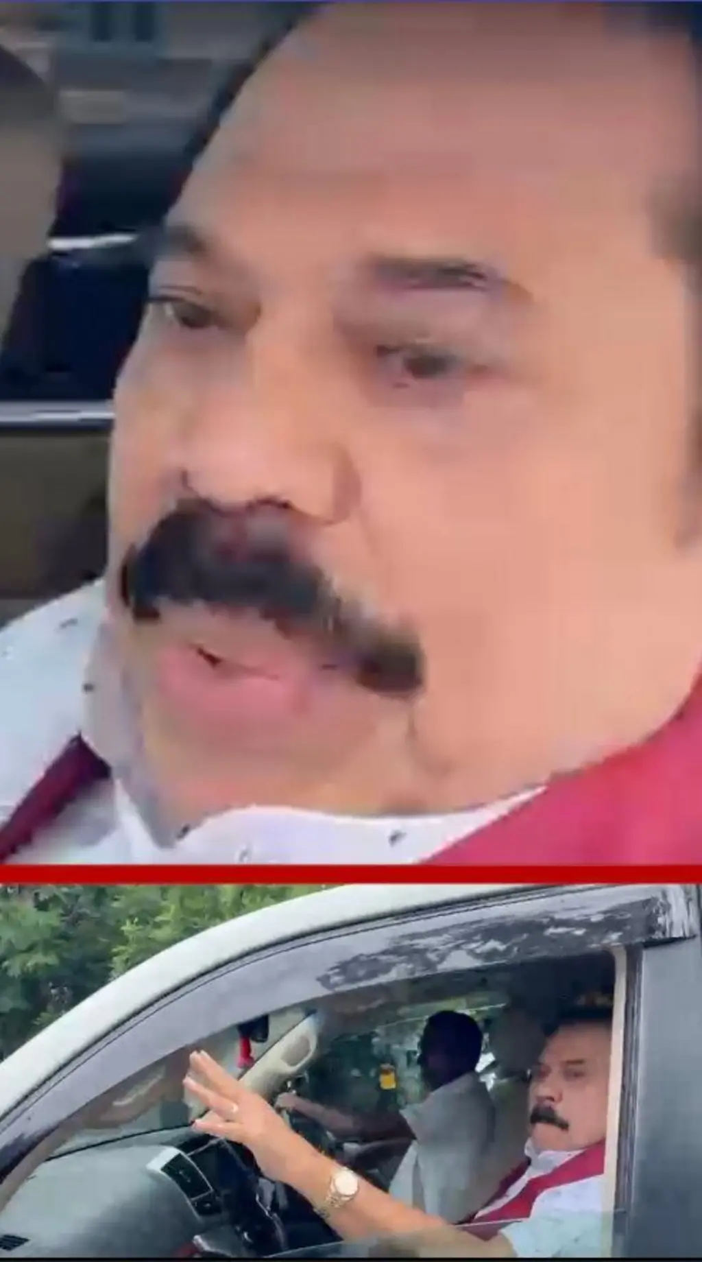 මහින්ද රාජපක්ෂ වාහනයක ඉදිරි අසුනේ සිට ඇත වනයි.