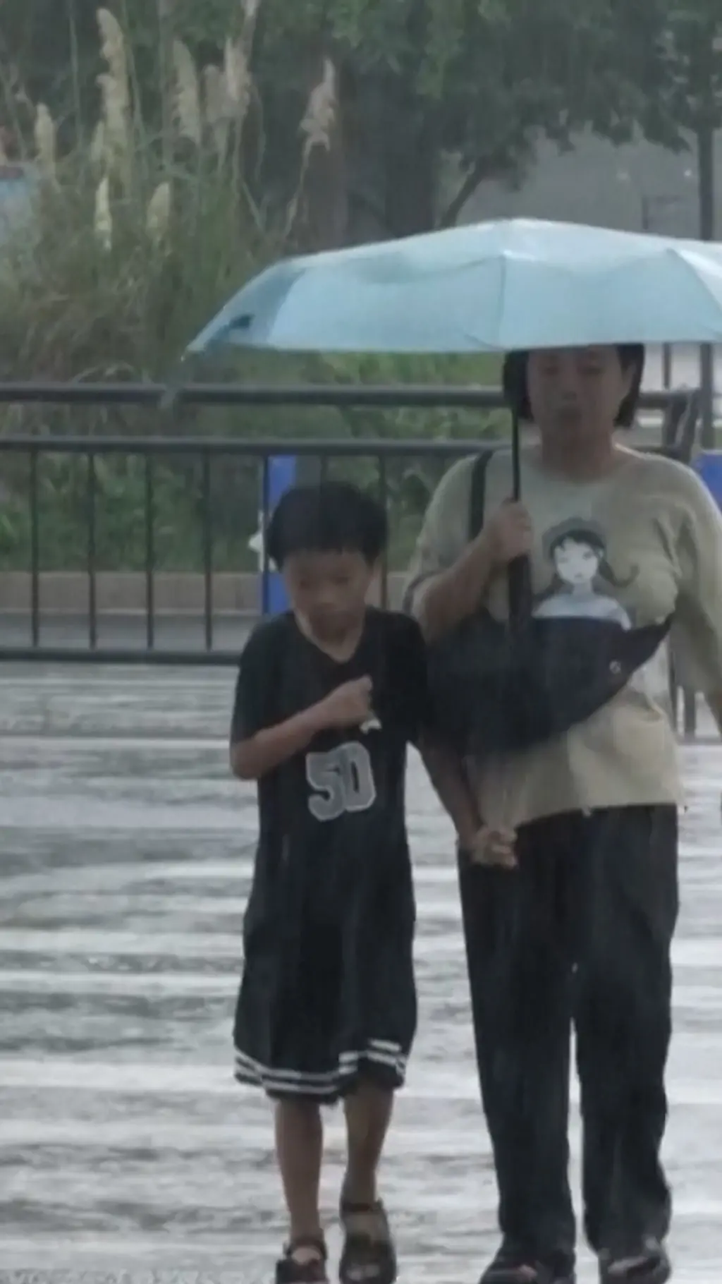 一對母子撐傘走在斑馬線上