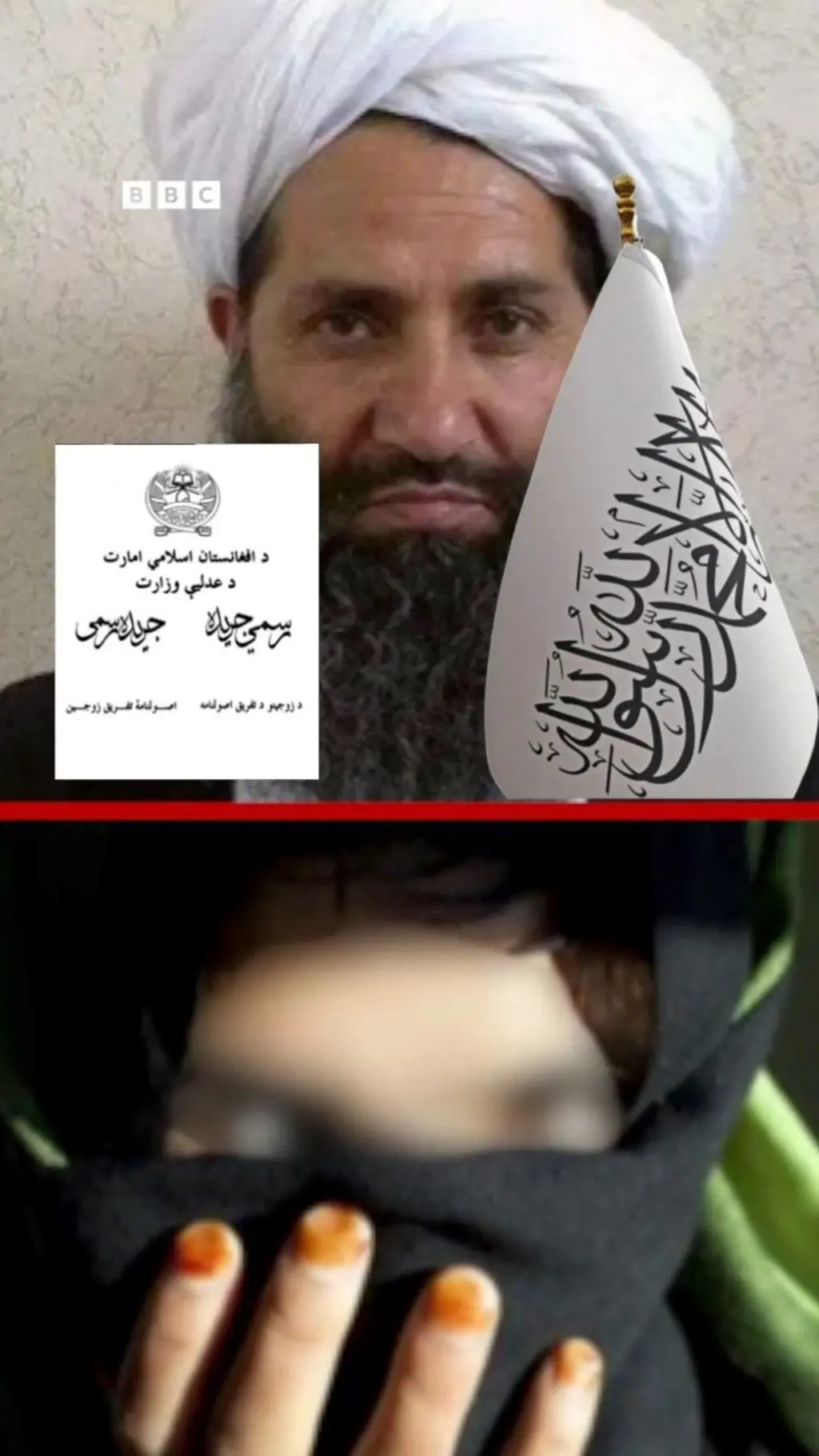 Rasmning tepa qismida Tolibon rahmabri, Tolibon bayrog'i va yangi qonun, pastki qismida esa yuzini ypoib, barmoqlari bilan yusini ushlayotgan qiz