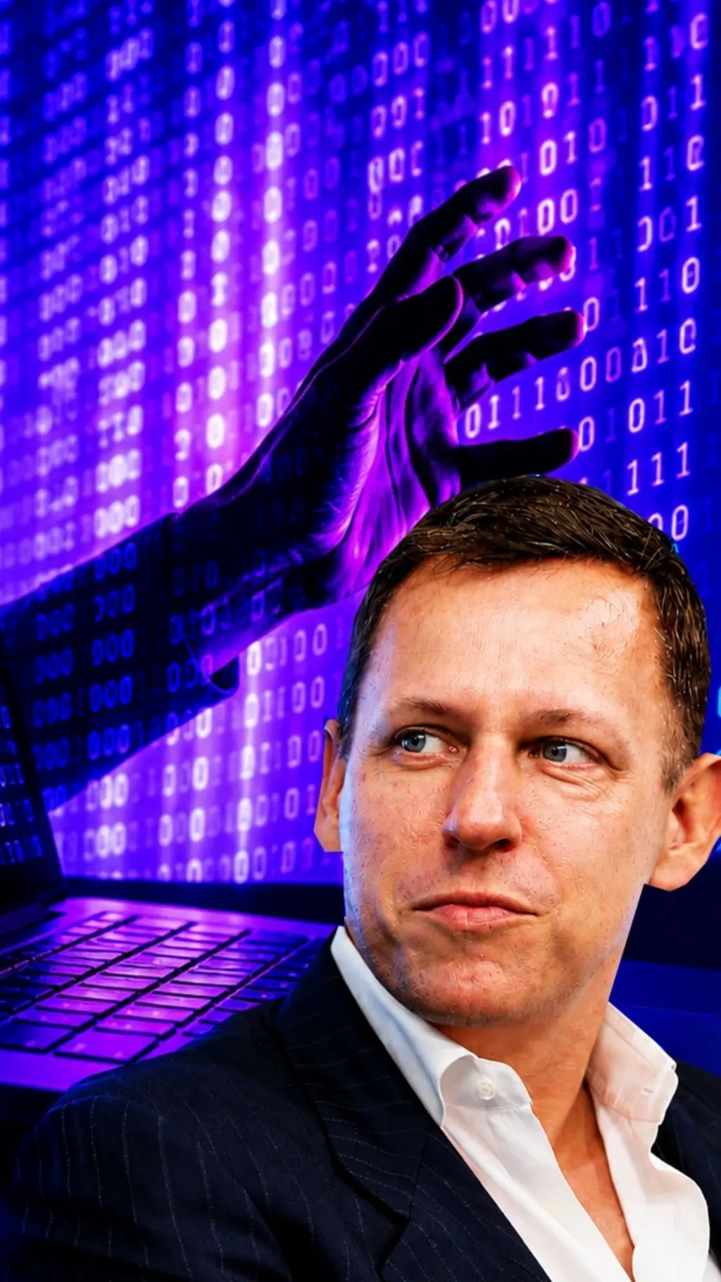 Peter Thiel mirando al costado y en el fondo un computador, una mano extendida y una serie de números binarios