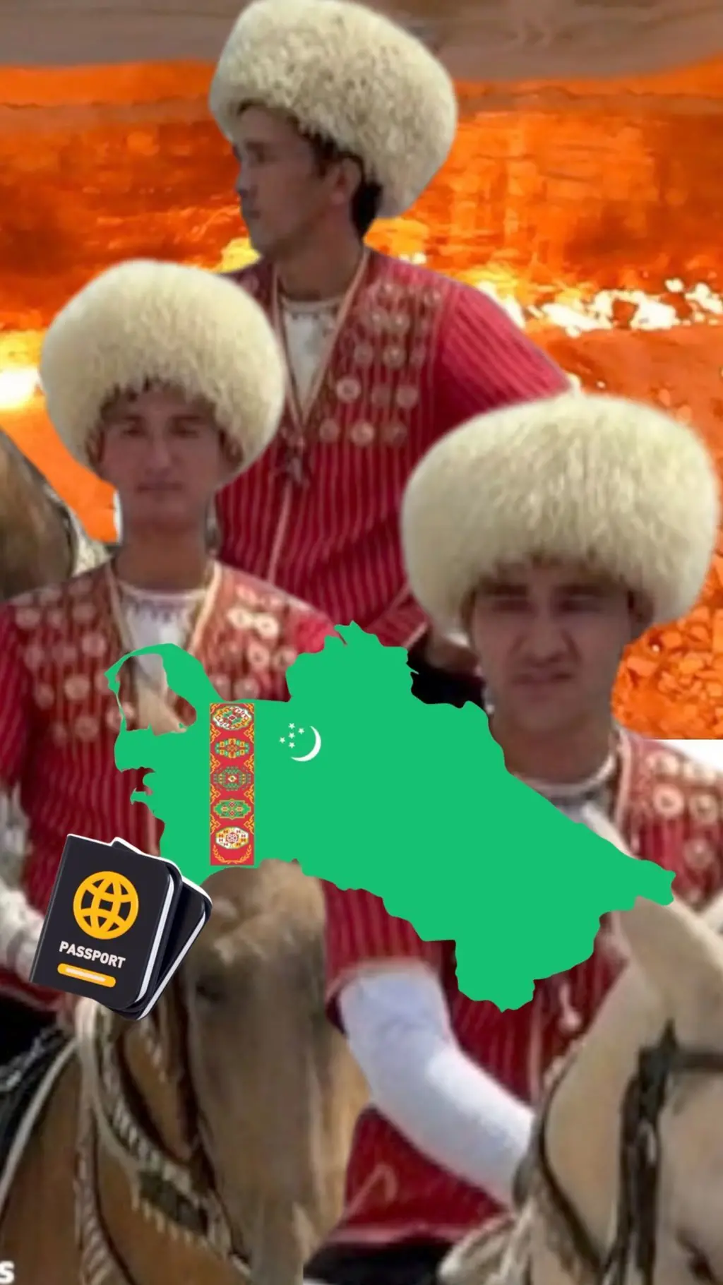 Uchta turkman erkak otlarda Turkman do'ppida kameraga qarab turishibdi, orqa fonda yonayotgan gaz krateri, old finda esa Turkmaniston xaritasi va passport surati 