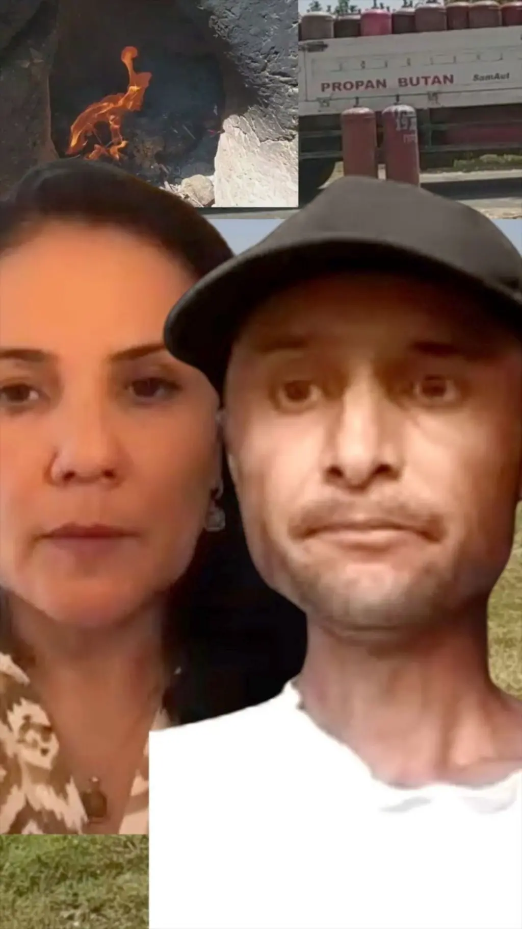 Расмда Низомиддин, ўнгда, ва журналист Азиза Қадам, чапда, расмнинг устки қисмида, ўнгда, юк машинасида газ баллонлари ва йўлда иккита газ баллонлари, чапда эса, ўчоқда таппи ёнаётган тасвир.