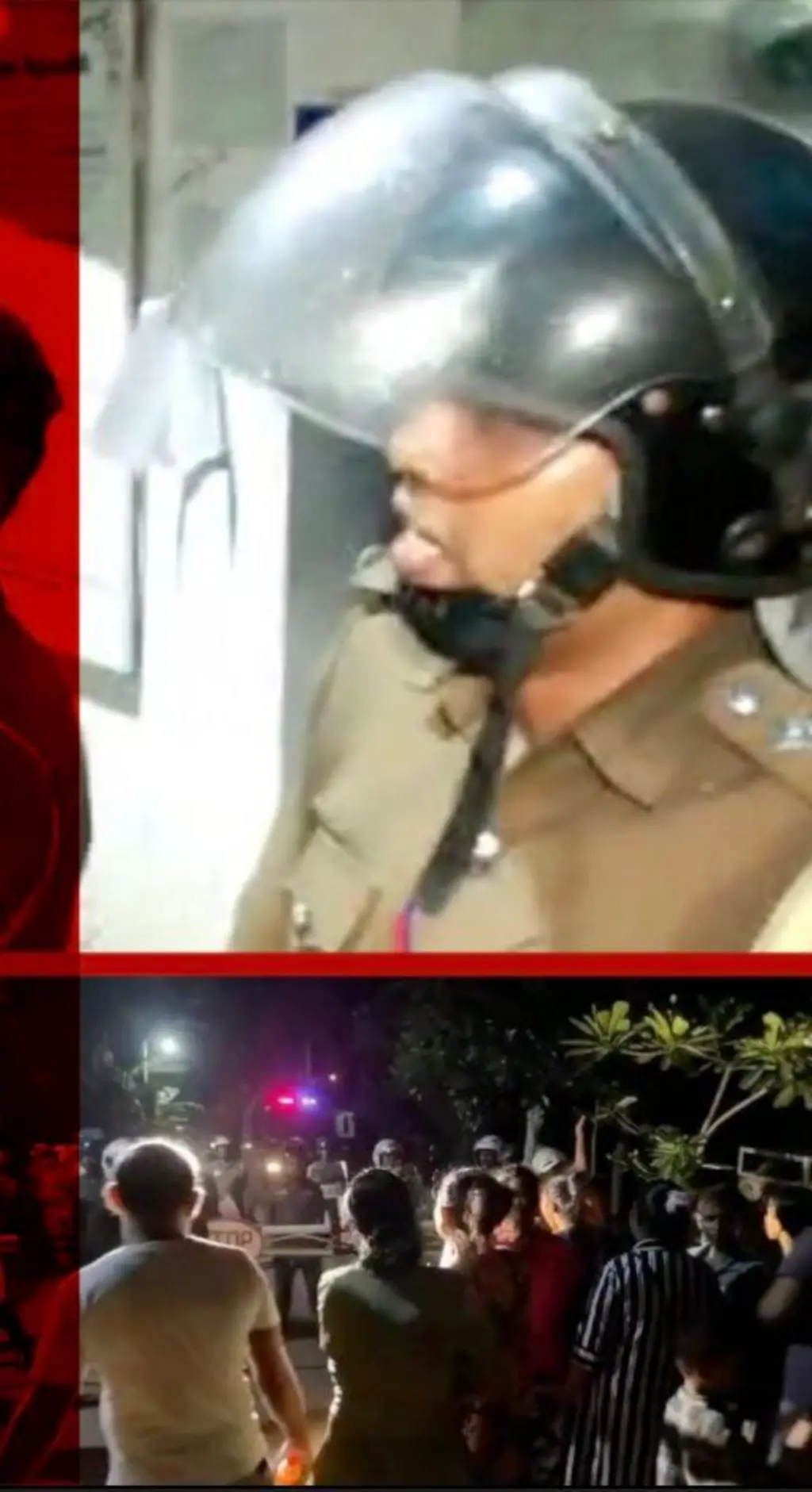 පිරිසක් ඉදිරිපිට හෙල්මට් එකක් පැළඳි පොලිස් නිලධාරියෙකු යමක් කියන අයුරු පෙනේ.
