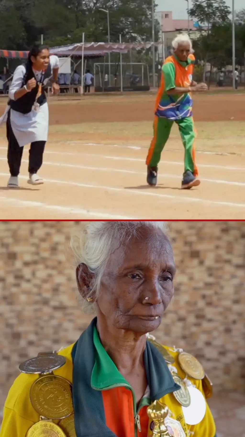 zena trkacica, stara 80 godina, na trkackoj stazi slika gore i sa medaljam aslika dole