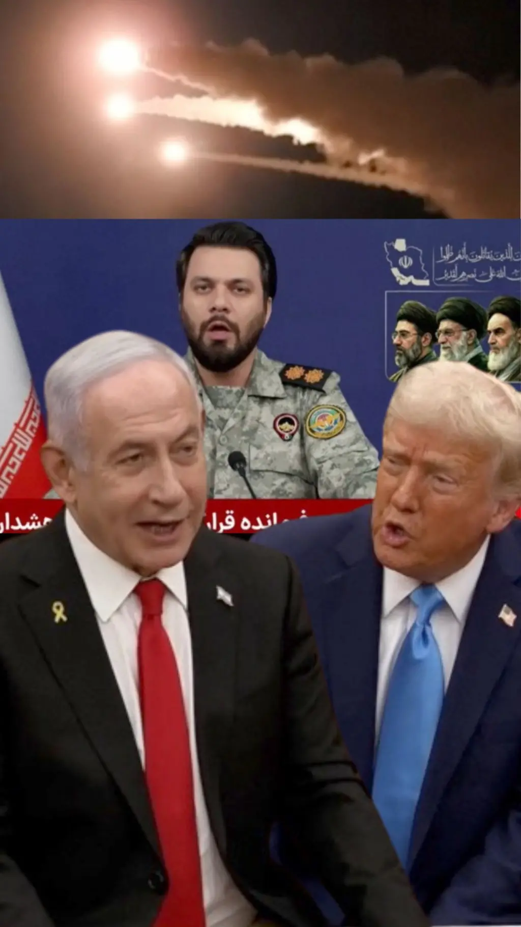 Rasmning pastki qismida o'ngda Donald Tramp, chada Benyamin Netanyahu, ularning tepasida, rasmning markazida, Eron inqilob qo'riqchilari so'zchisi, rasmning tepa qismida esa uchta raketa qorong'o osmonda uchib ketyapti. 