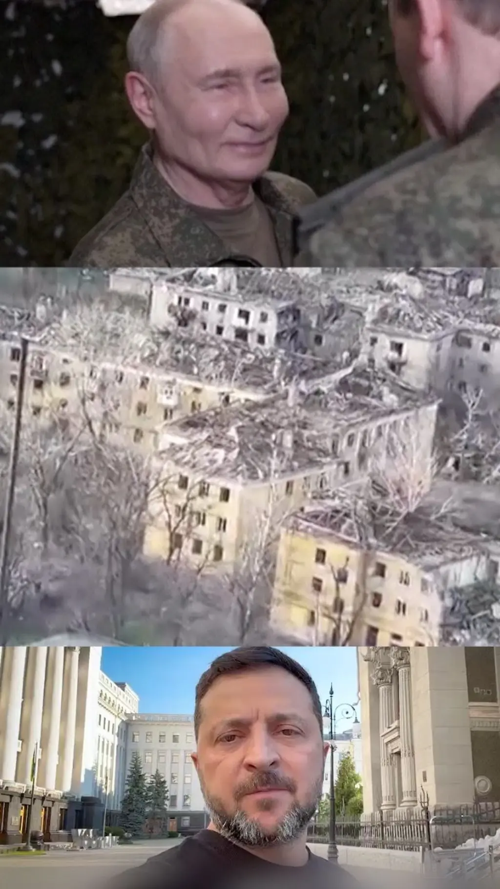 Коллаж, на котором изображены Владимир Путин, Владимир Зеленский и вид на село Константиновка