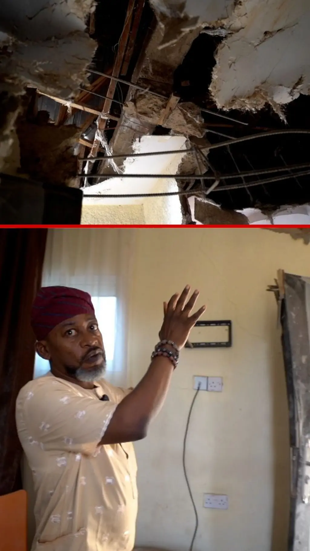 A man describing the extent of damage at Solid Worth Hotel in Offa, Kwara State