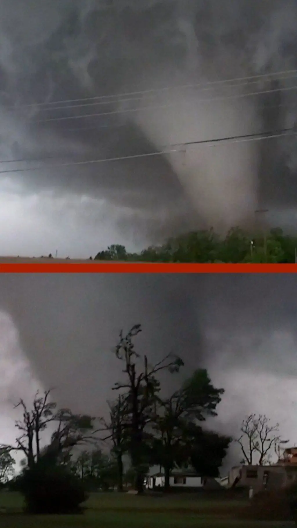 ගස්වලට ඉහලින් වළාකුළු පුනීලයක හැඩයට අඳුරු පැහැයෙන් පෙනේ.