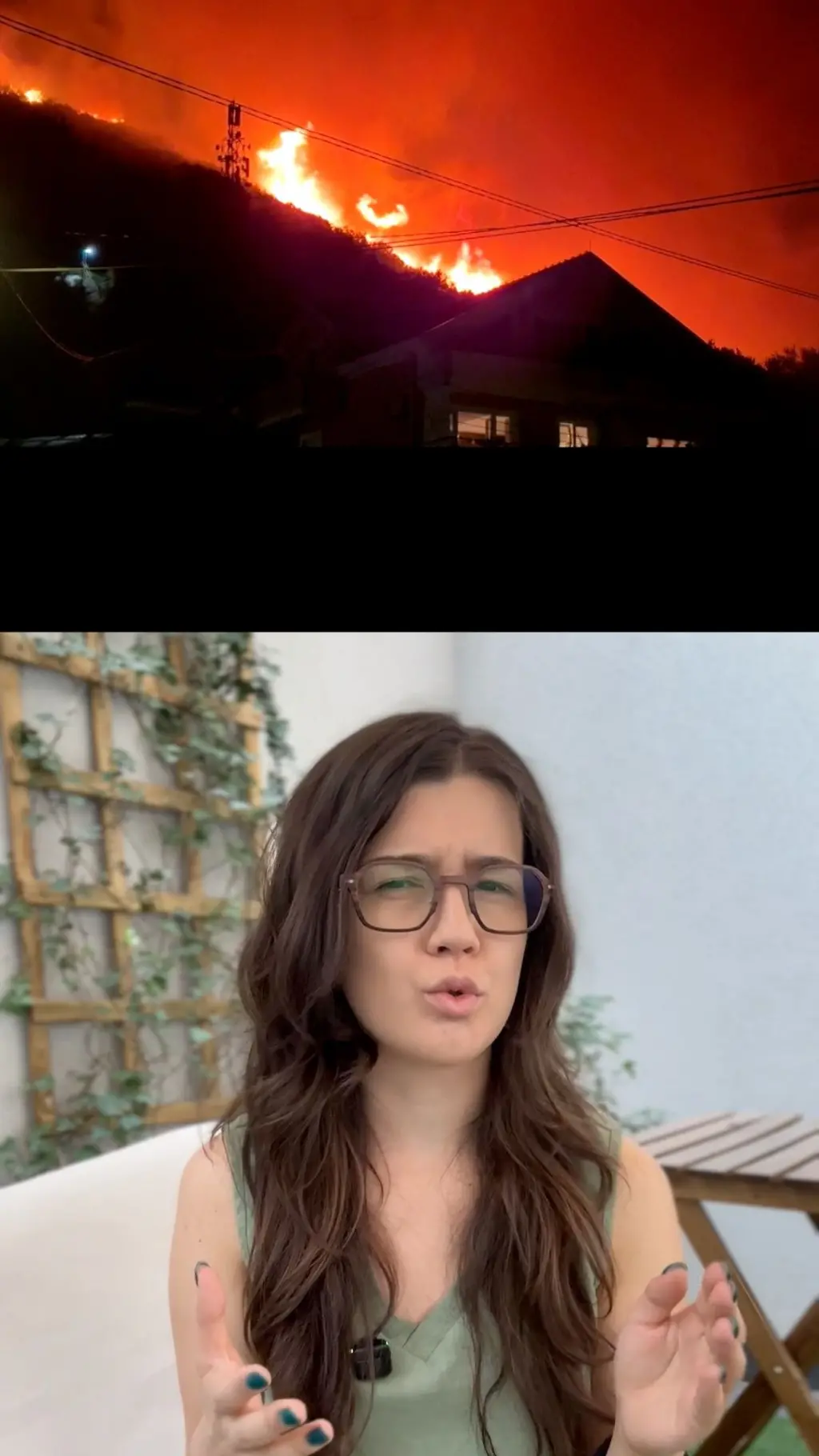 Na fotografiji iznad se vidi požar u Crnoj Gori, na fotografiji ispod reporterka gleda u kameru u priča.