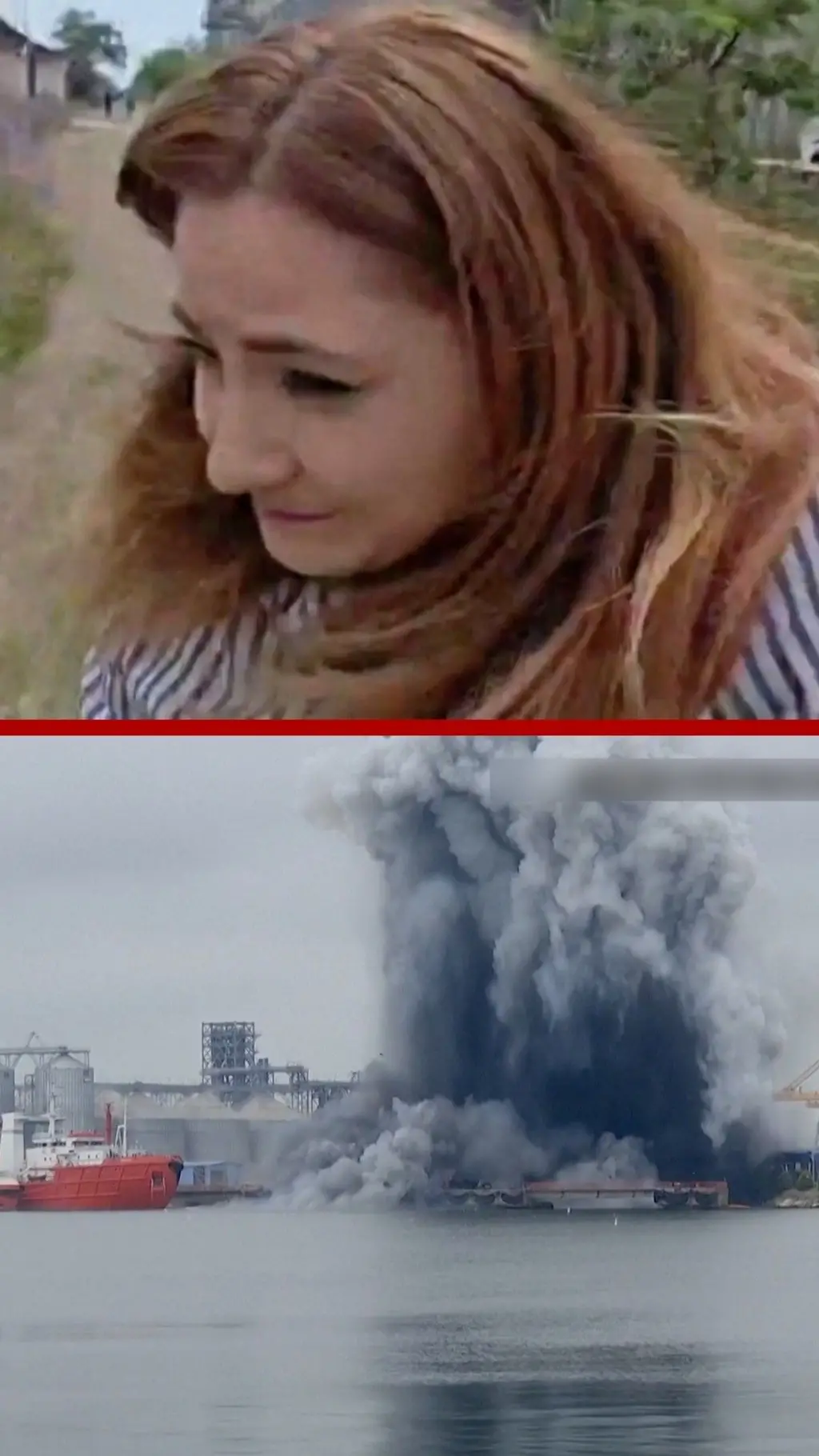 Podeljeni ekran, gore crvenokosa devojka, dole eksplozija
