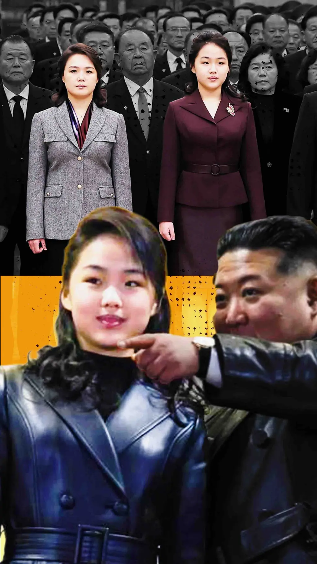 කළු සුදු ෆොටෝවල පිරිසක් සිටින අතර ඔවුන්ට ඉදිරියෙන් එකම තරුණියක් දුඹුරු සහ අළු පාට කෝට් කිට් එකක් ඇඳ සිටින අතර ඊට පහලින් ඇගේම ෆොටෝ එකක් තවත් පුද්ගලයෙකු සමග තිබේ.