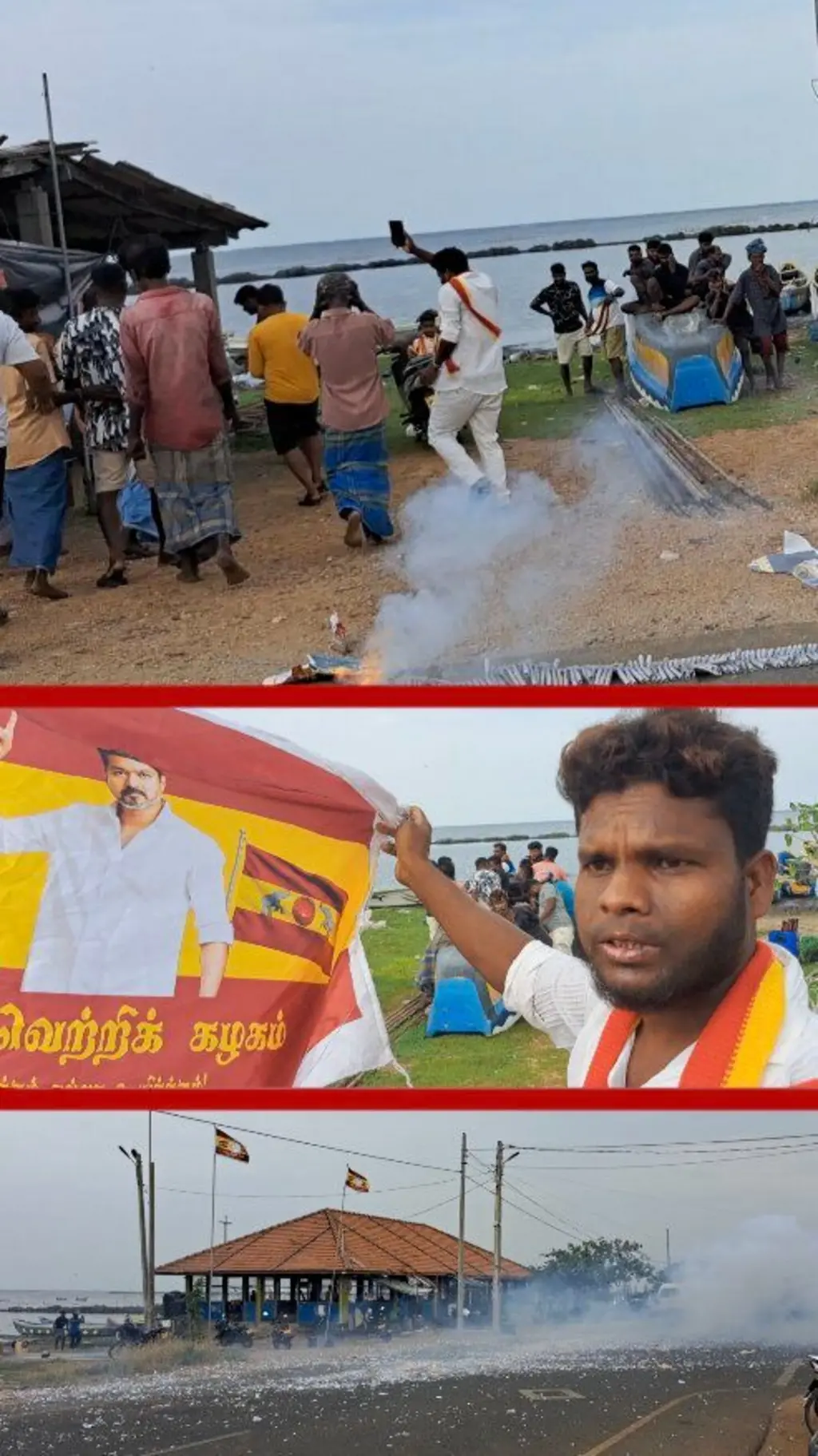 මුහුදු වෙරළක් අසල සිටින පිරිසක් රතින්ඥා පත්තු කර දුවන ආකාරය පෙනේ.