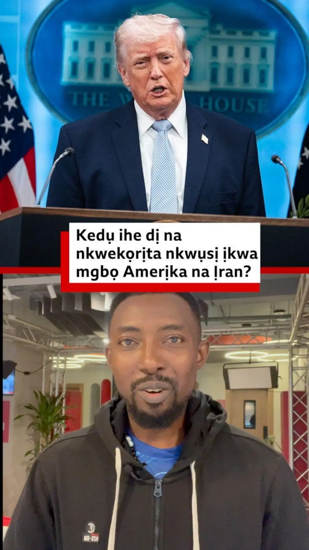 Onyeisiala mba Amerịka bụ Donald Trump na onye ntaakụkọ BBC.