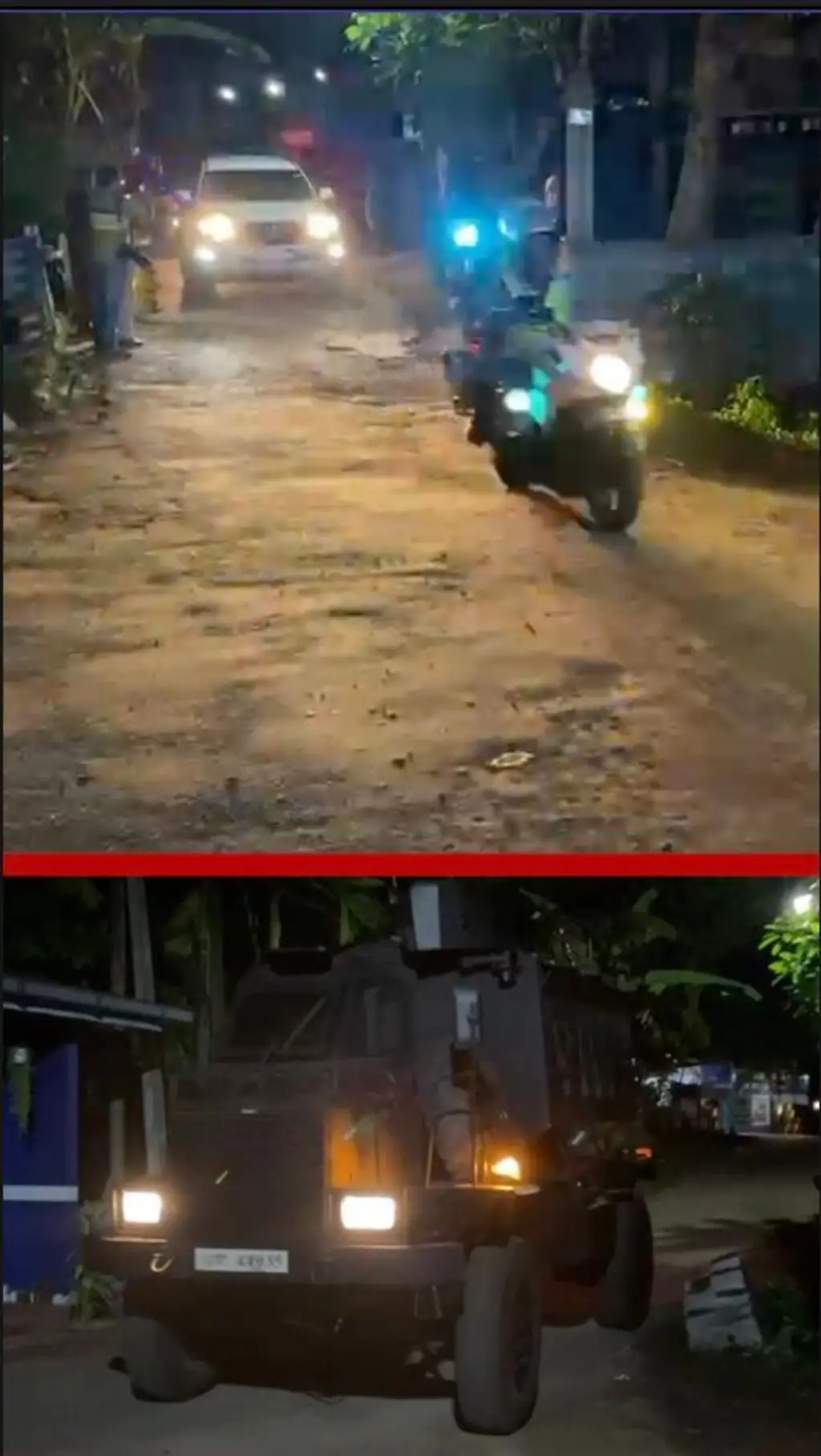 රාත්රී කාලයේ හමුදා වාහන පෙළක් ගමන් කරන ආකාරය පෙනේ.