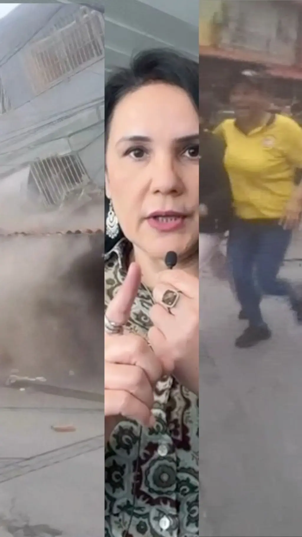 Boshlovchi surat markasida, chap tomoda yiqilayotgan bino, o'ng tomonda esa qochayotgan sariq futbolka, jinsi shim va kepka kiygan ayol,