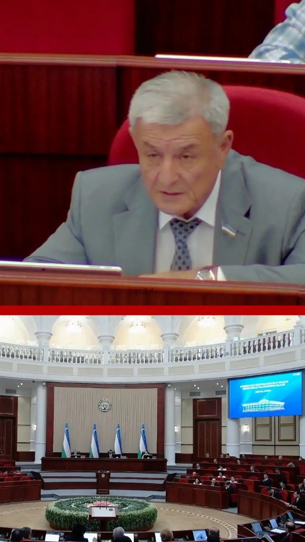Rasmning tepa qismida senat rasmiysi gapiryapti, pastki qismida esa senat majlisi o'tmoqda