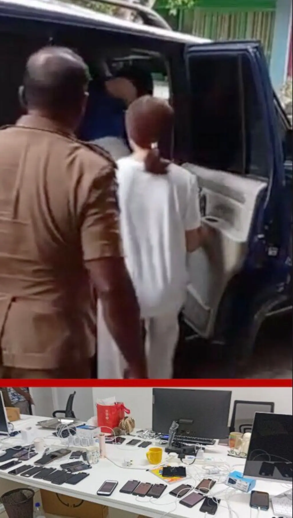  නිල් පැහැති ජීප් රථයකට තරුණියන් දෙදෙනෙකු නංවා ගන්නා අතර පොලිස් නිලධාරියෙකු ඒ අසල සිටගෙන සිටී.