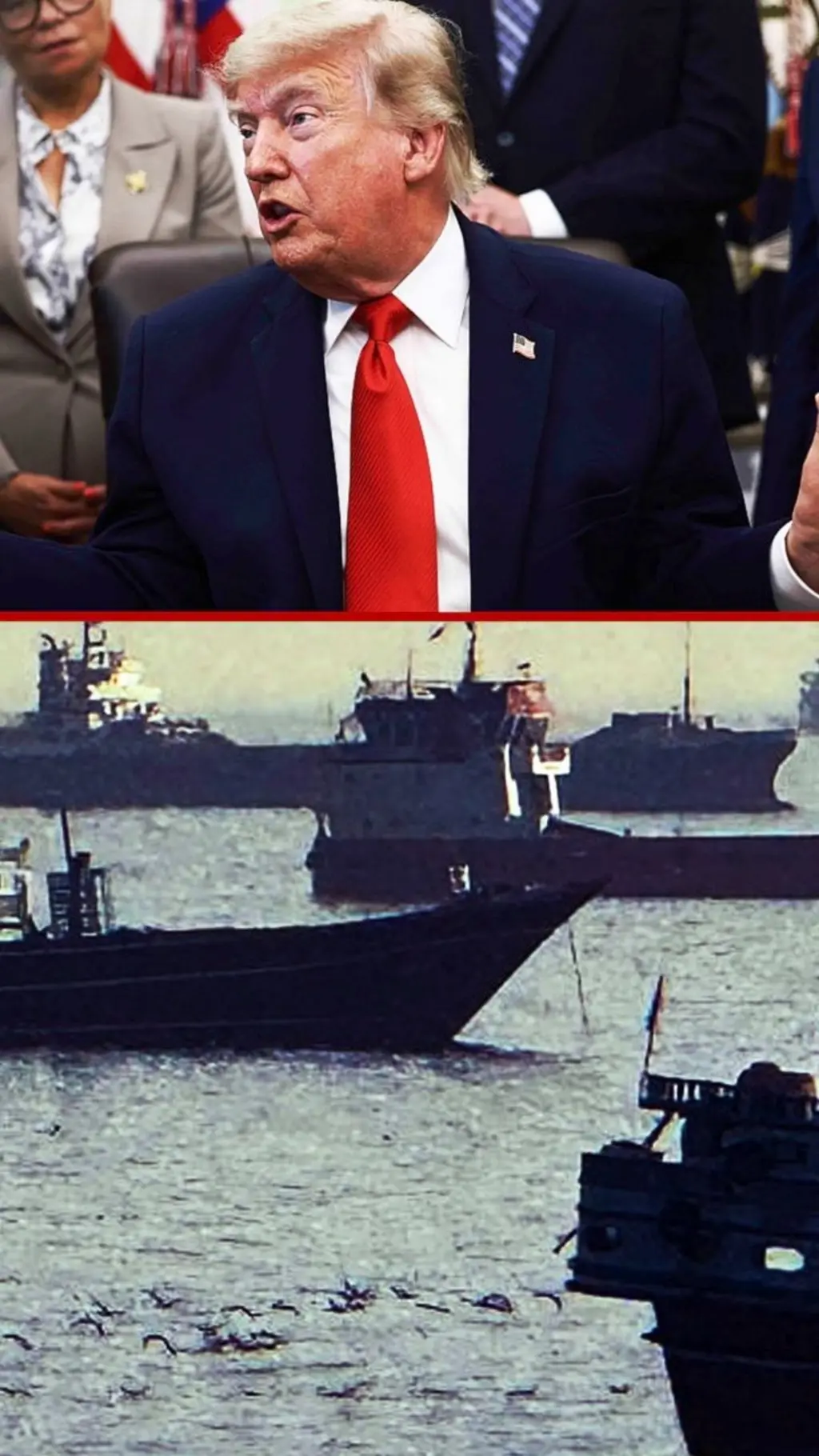 Rasmning tepa qismida Donald Tramp, pastki qismida esa Ho'rmuz bo'g'ozida kemalar
