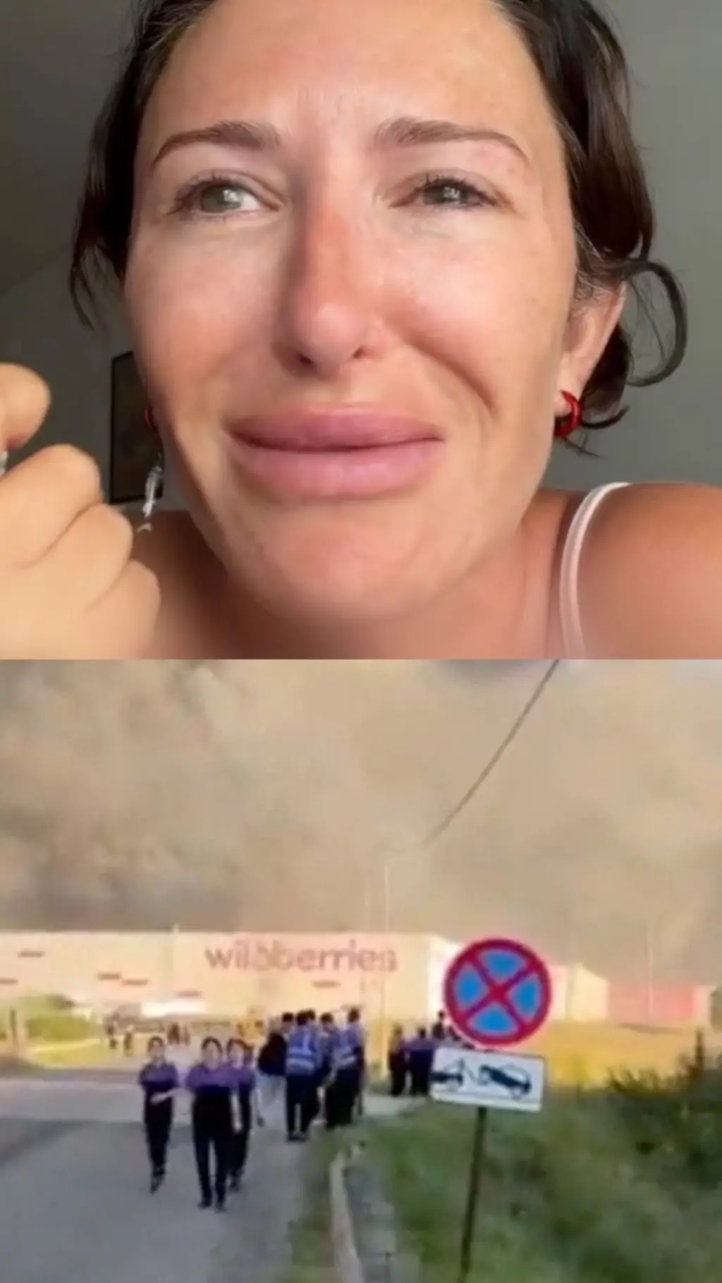 коллаж: предпринимательница в слезах и пожар на складе Wildberries