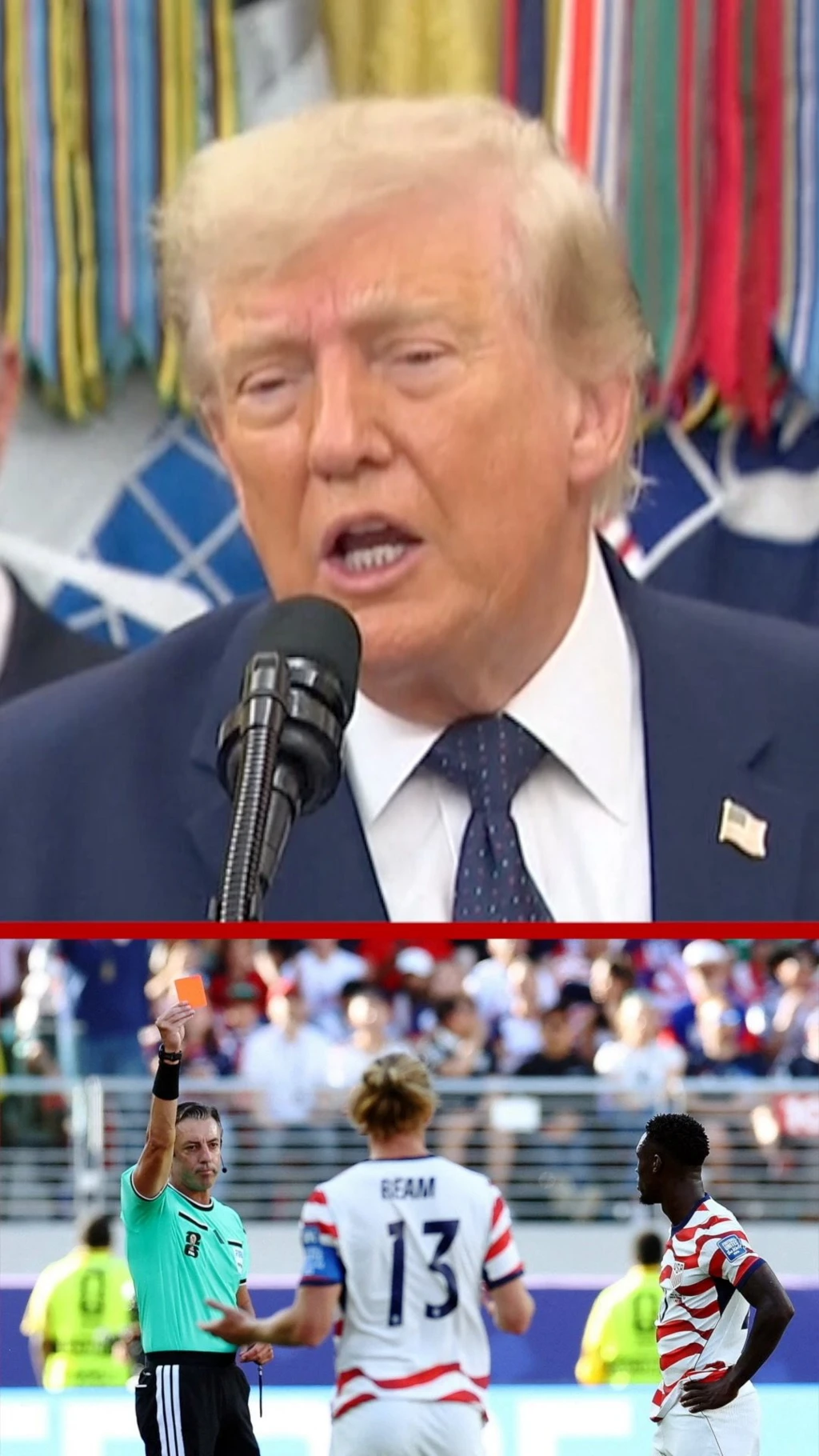 Na slici gore američki predsednik Donald Tramp, na slici dole sudija daje crveni karton fudbaleru Folarinu Baloganu.