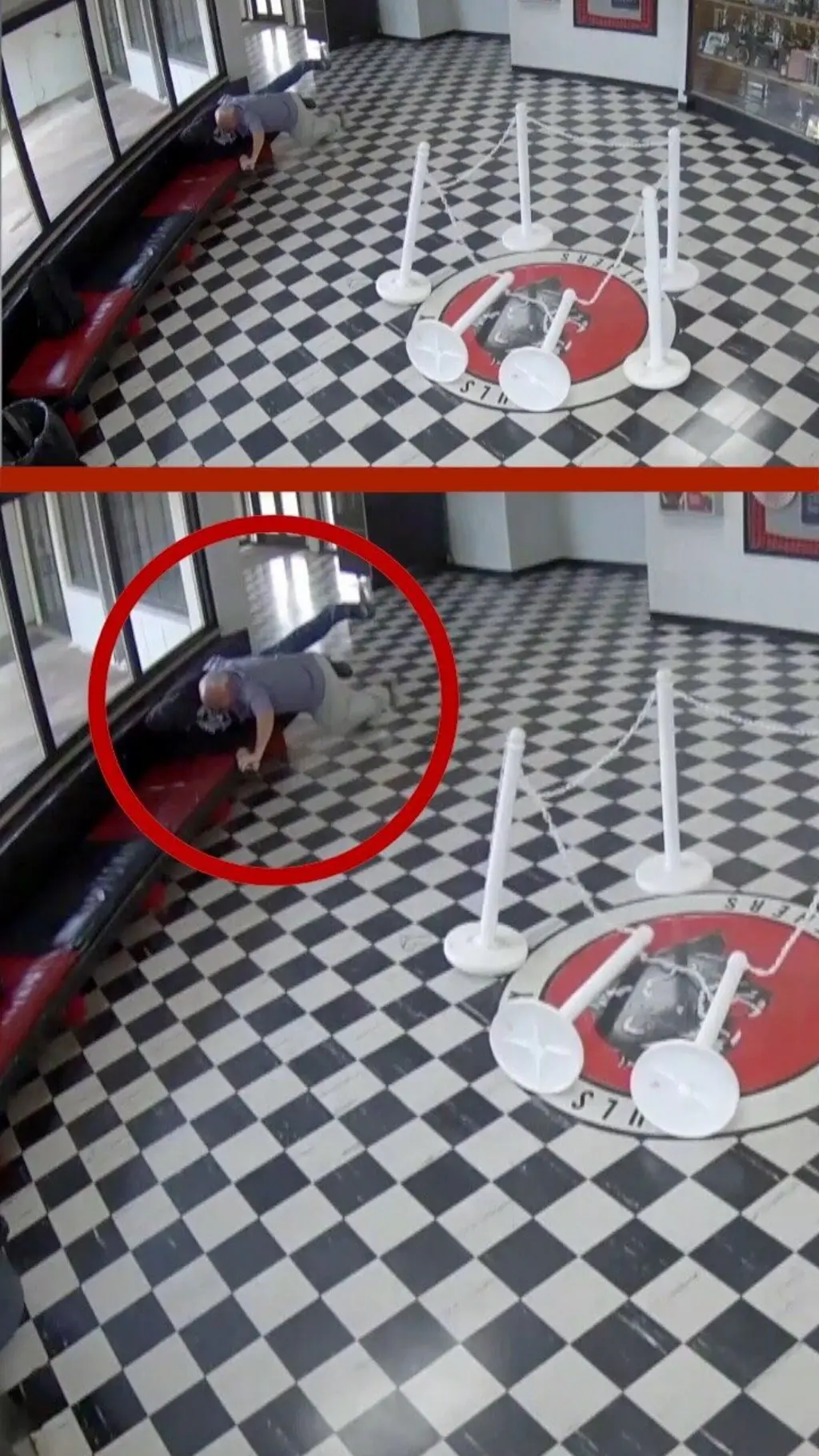 පුද්ගලයෙකු විසින් තවත් පුද්ගලයෙකු දිග පුටුවක් උඩ පෙරලගෙන සිටින ආකාරය මෙහි දැක්වෙන අතර එම ස්ථානය රතු රවුම් කර ඇත.