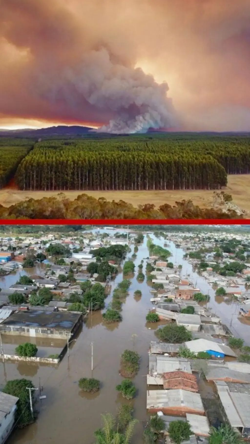 ගෙවල් විශාල ප්‍රමාණයක් ගංවතුරෙන් යට වී ඇති ආකාරය සහ ඇතින් වනත්රයකට ඉහලින් දුම් නගිනු පෙනේ.