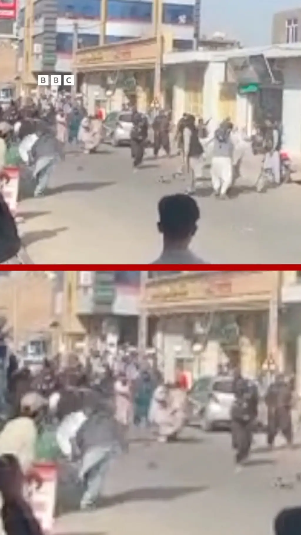دو تصویر که لحظه متفرق شدن معترضان توسط طالبان را در هرات نشان میدهد. 