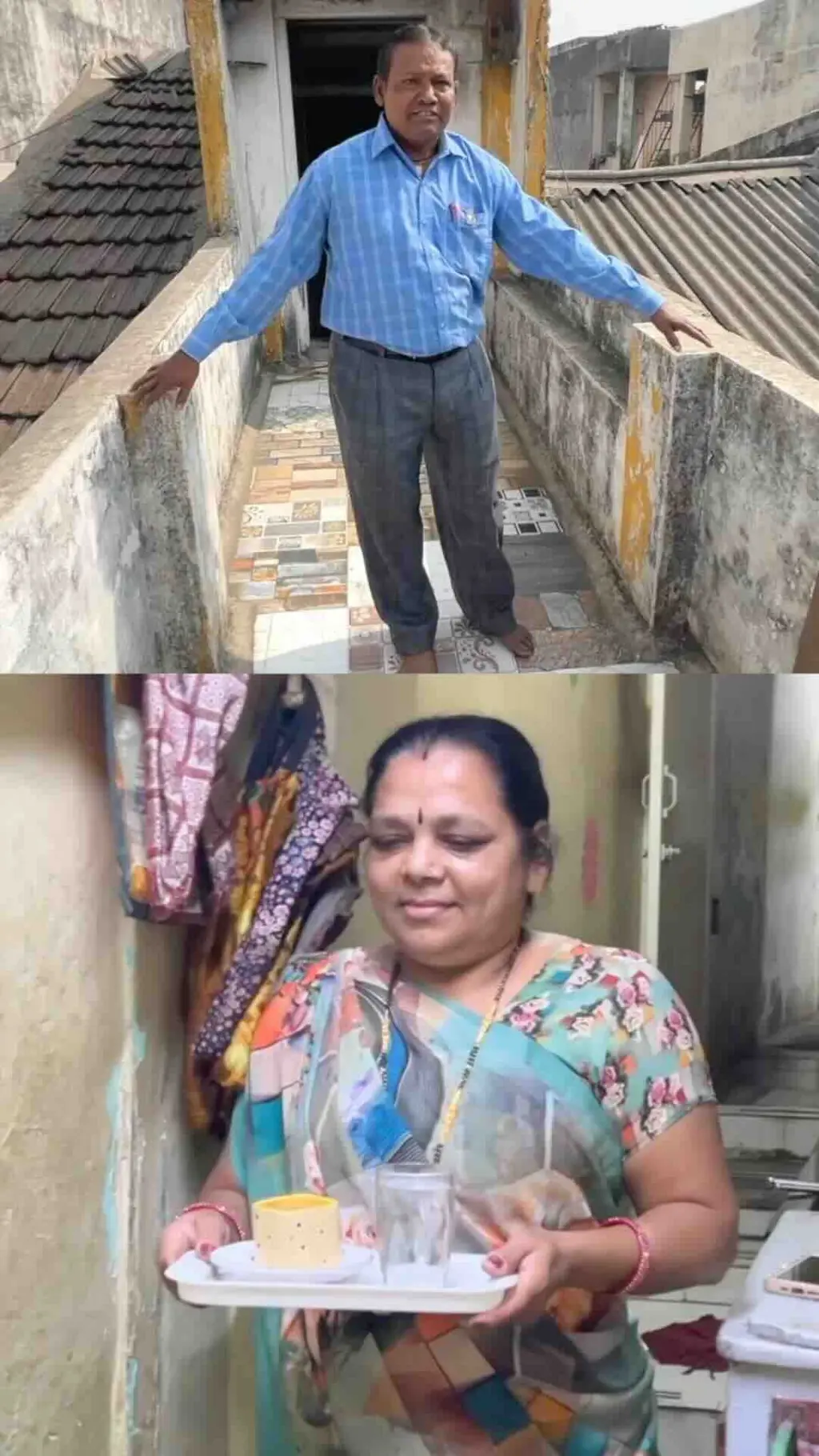 පුද්ගලයෙකු පටු නිවසක බිත්ති දෙක තම අත්දෙකෙන් අල්ලාගෙන ඉන්න අතර කාන්තවක් විදුරු තැබූ ට්‍රේ එකක් රැගෙන එයි.