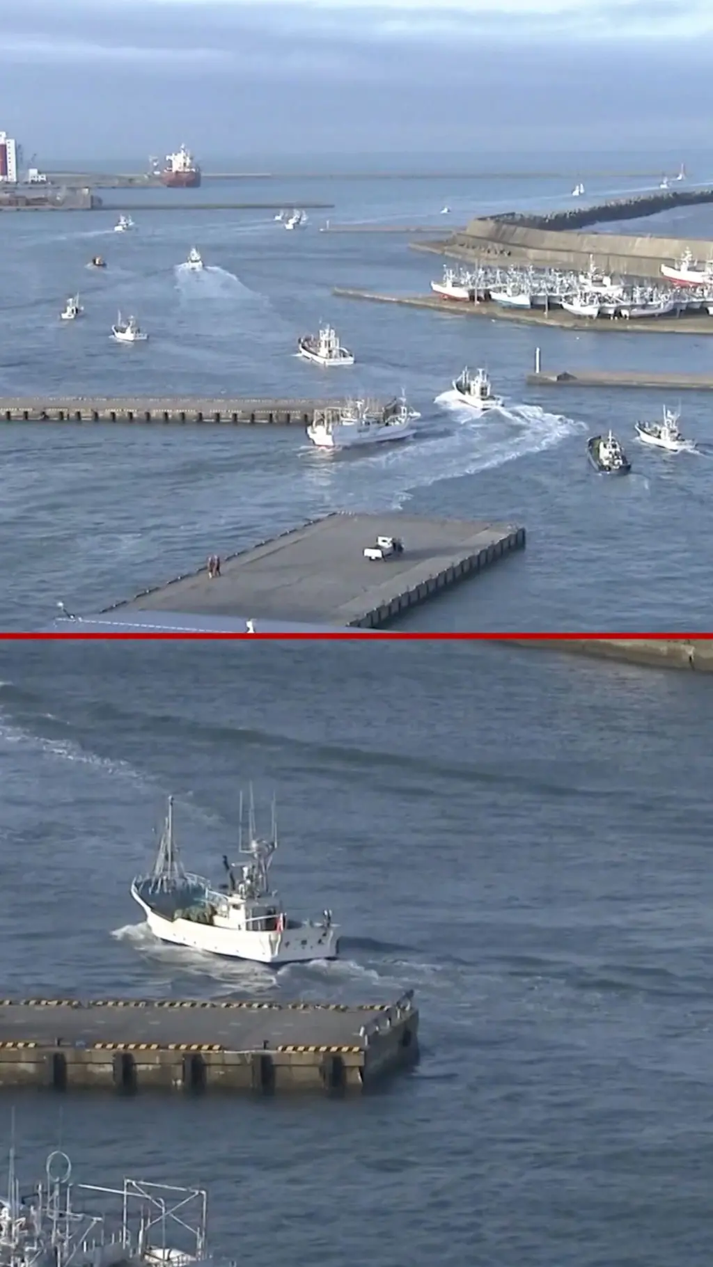 Momen kapal-kapal keluar pelabuhan akibat peringatan tsunami di Jepang