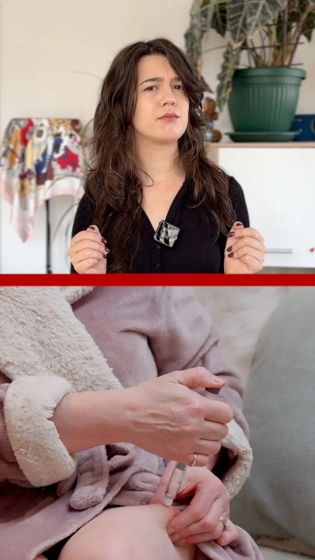 Na slici gore reporterka, na slici dole žena špricem ubrizgava peptid u nogu.