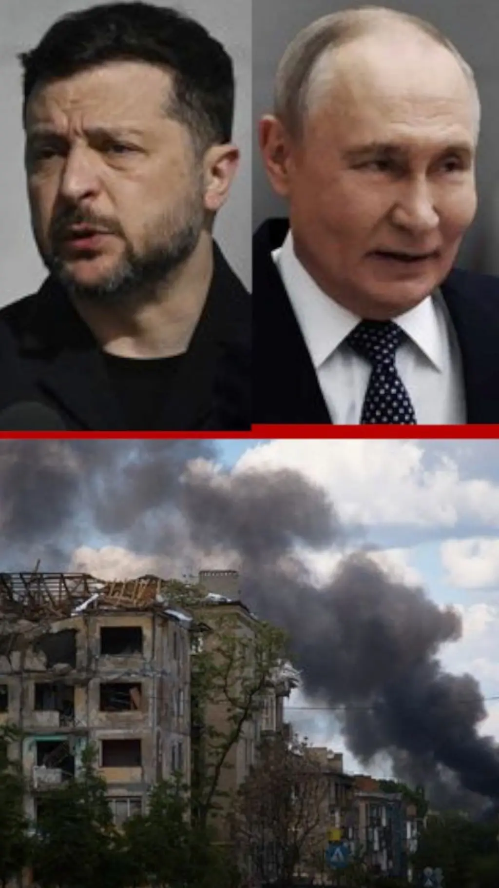 Rasmning tepa qismida Putin, o'ngda, va Zelenskiy, chapda, pastki qismida esa Ukrainada xaroba ko'p qavatli uy yonida tutin chiyapti. 