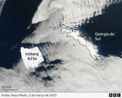 Imagem de satélite de 2 de março de 2025 mostrando o iceberg A23a a cerca de 80 quilômetros da Geórgia do Sul