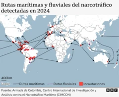 Mapamundi que muestras las principales rutas marítimas y fluviales del narcotráfico.