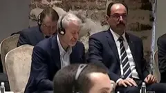 Roman Abramovich is seen sitting at a table alongside Ibrahim Kalin - a spokesman for President Recep Tayyip Erdogan