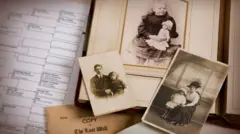 Fotos antigas de pessoas e papel com esquema semelhante a árvore genealógica