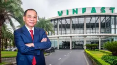 Ảnh thiết kế:  Chân dung ông Phạm Nhật Vượng, đằng sau là một showroom VinFast