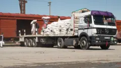 "Ҳайратон"да темир йўл вагонидан юк автомобилига ун қопларини ортаётган ҳаммол йигитлар