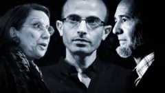 (De izq. a der.) La economista y ex vicepresidenta de Costa Rica Rebeca Grynspan, el historiador y filósofo israelí Yval Noah Harari, y el historiador y antropólogo estadounidense Jared Diamond