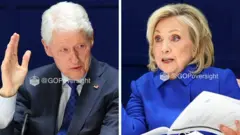 A composite image of Bill and Hilary Clinton testifying behind closed doors to a congressional panel about their ties to the late sex offender Jeffrey Epstein, in Chappaqua, New York, U.S. February 27, 2026.