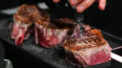 Mão humana acrescenta sal a um pedaço de carne