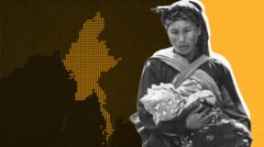 မြန်မာအမျိုးသမီးတစ်ဦး ကလေးချီထားတဲ့ ဓာတ်ပုံ အဖြူအမည်းနဲ့ အဝါရောင် အစက်အပျောက်နဲ့ ပုံဖော်ထားတဲ့ မြန်မာ့နိုင်ငံမြေပုံ ပေါင်းစပ် ဓာတ်ပုံ 