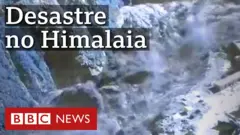 Equipes de resgate buscam mais de um centena de desaparecidos após geleira do Himalaia cair sobre um rio.