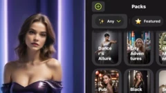 AI-made image of what appears to be an AI model posing in an off the shoulder dress in a declothing app