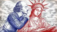 رسم تعبيري يظهر رجلاً يتحدث إلى تمثال الحرية