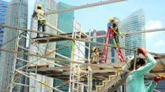 Pekerja di lokasi konstruksi di pusat kota Singapura.