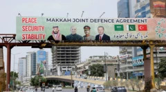 Outdoor em uma passarela de pedestres sobre uma rua mostra os líderes da Turquia, Arábia Saudita e Paquistão após a assinatura do Acordo de Defesa Conjunta de Meca, em Karachi, no Paquistão, com carros e pessoas passando embaixo