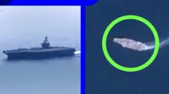 Foto do porta-aviões e imagem de satélite